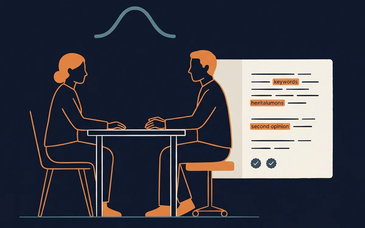 Illustrazione: due silhouettes sedute a un tavolo durante una conversazione clinica, con sopra una sottile onda di ascolto che rappresenta l'AI in osservazione, e a fianco un pannello con appunti strutturati e segni di verifica.