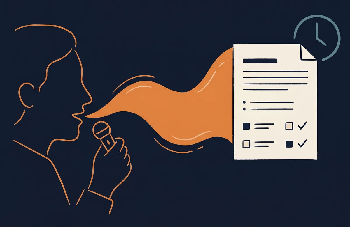 Illustrazione: silhouette di un operatore che parla in un microfono mentre un report strutturato con bullet point e checkbox si materializza dall'altra parte; un piccolo orologio in alto richiama il tempo risparmiato.